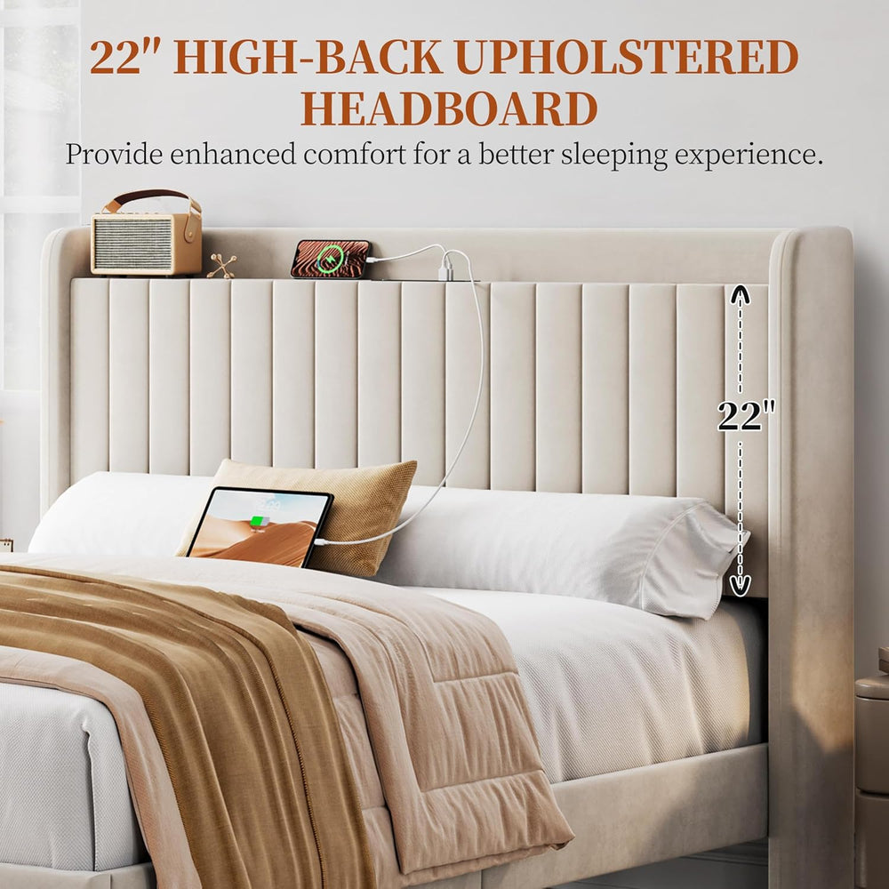 Yaheetech Queen Bed Frame with Channel-Tufted Storage Headboard, Beige