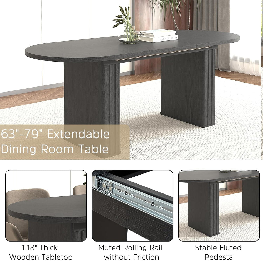 63"-79" Extendable Dining Table Set with 8 Black Chairs, 9 Piece Ov...