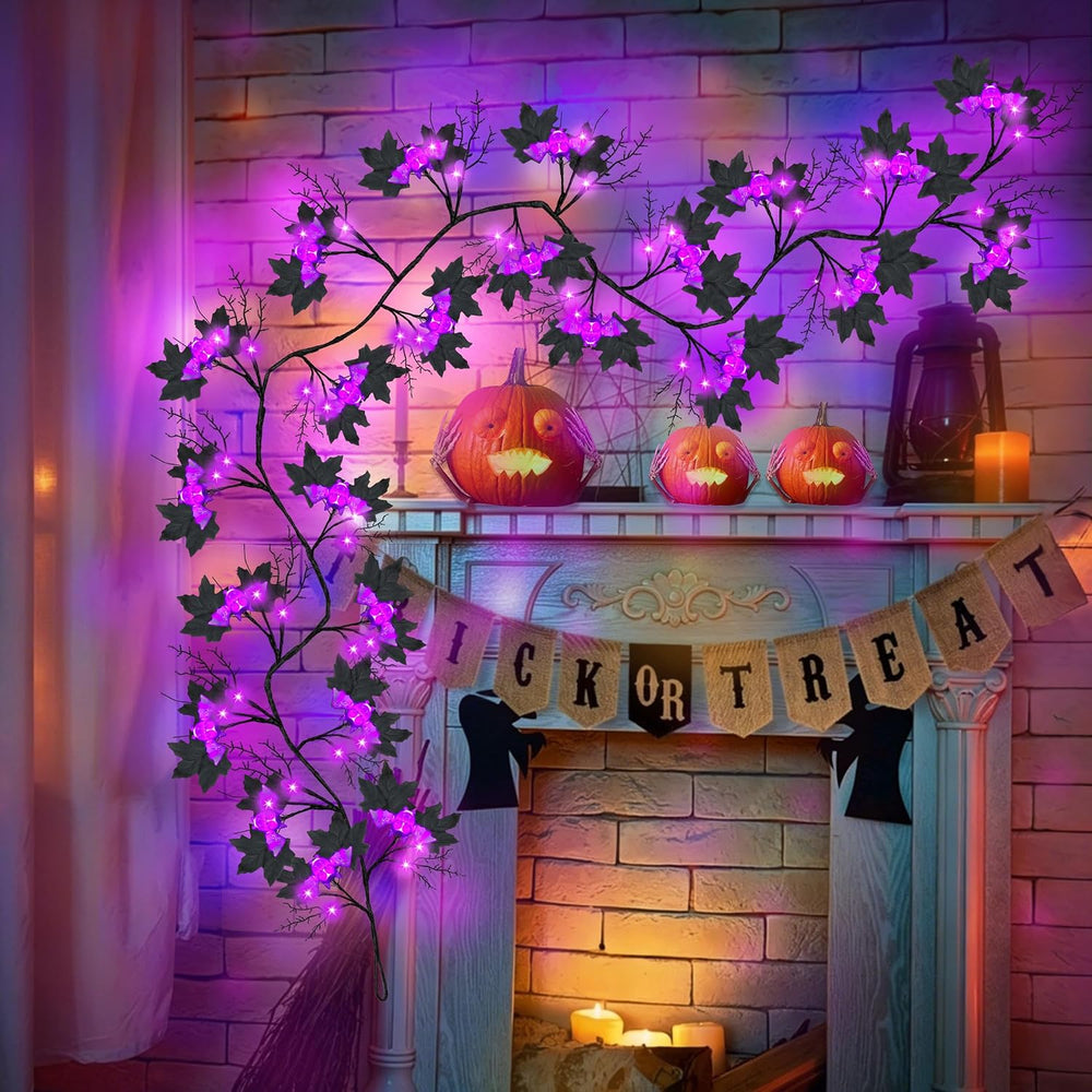 9FT 72 LED Halloween Willow Vine Twig Decor Black Halloween Garland with Bat ...