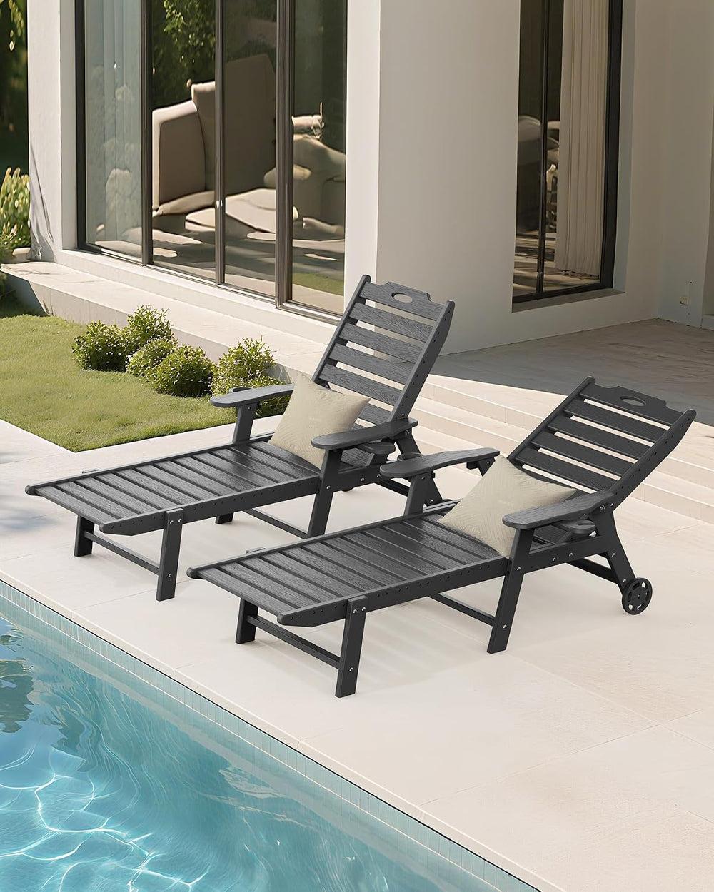 Carauci Lounge Chair Outdoor Set of 2, HDPE Chaise Lounge with Wheels, 5-Posi...