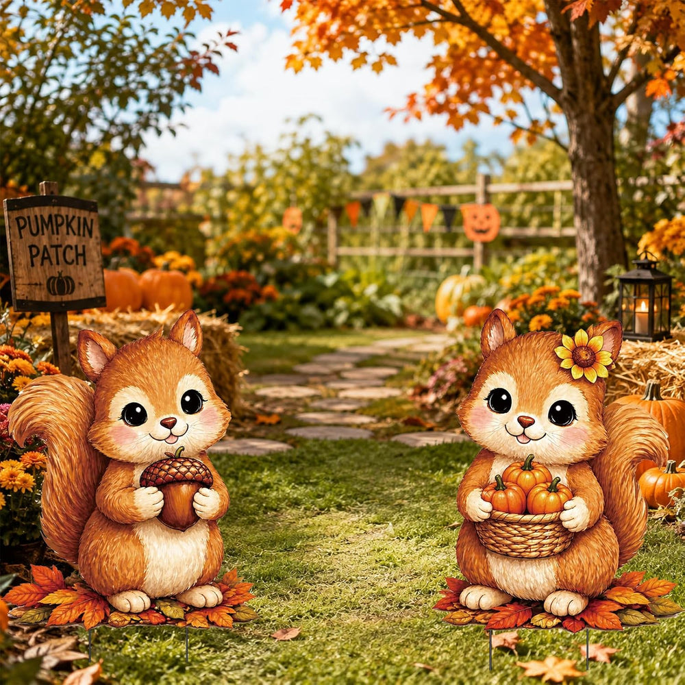 2 Pack Fall Cute Squirrel Garden Stakes Acorn Pumpkin Metal Yard Sign
