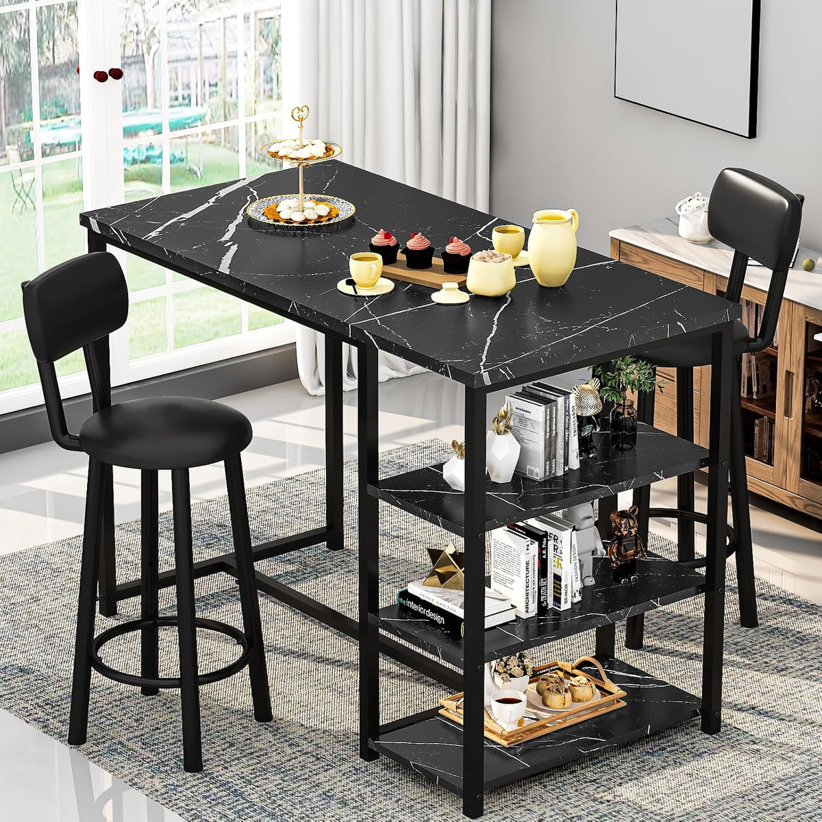 Kitchen Dining Table Set for 2, Bar Table and Chairs Set with 3 Storage Shelves, Tall Dining with 2 PU Leather Backrest Stools for Small Space, Kitchen Island, Apartment, Black