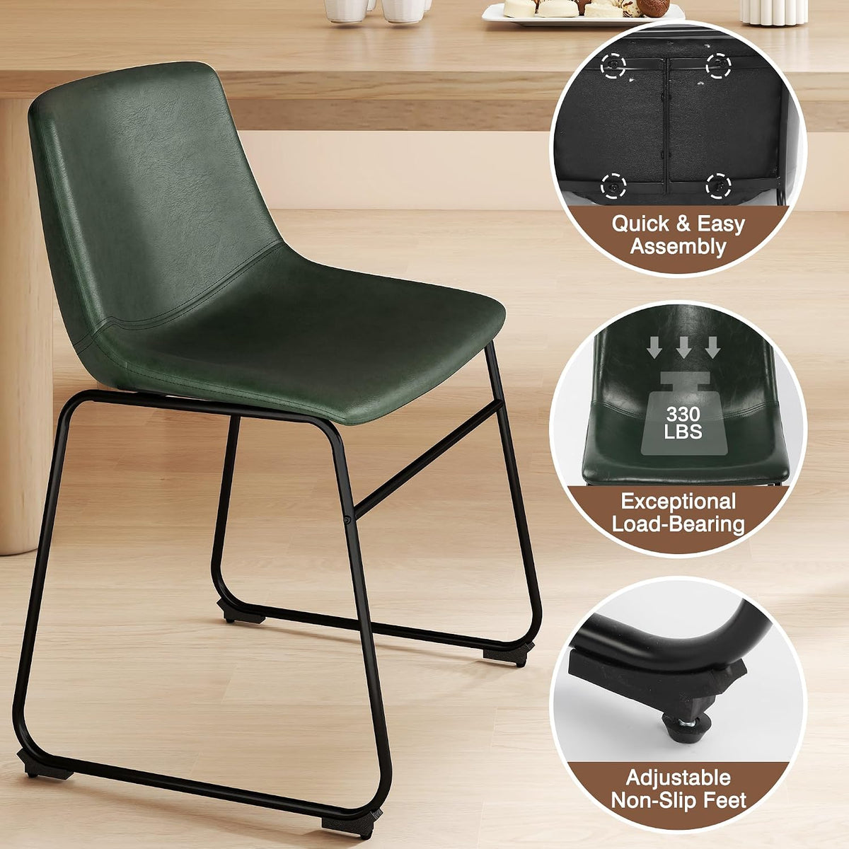 LSSBOUGHT Dining Chairs, Mid-Century Modern Dining Room Chair Kitchen Chairs, PU Leather Farmhouse Upholstered Dinner Chair for Kitchen Dining Room (Green, 2PCS)
