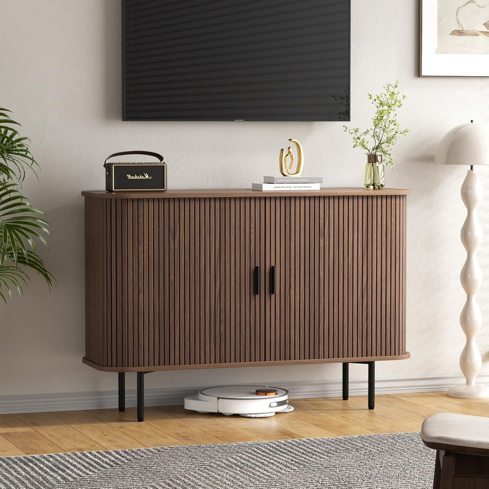 Fluted Sideboard Buffet Cabinet, Sliding Door/Adjustable Shelf, Walnut