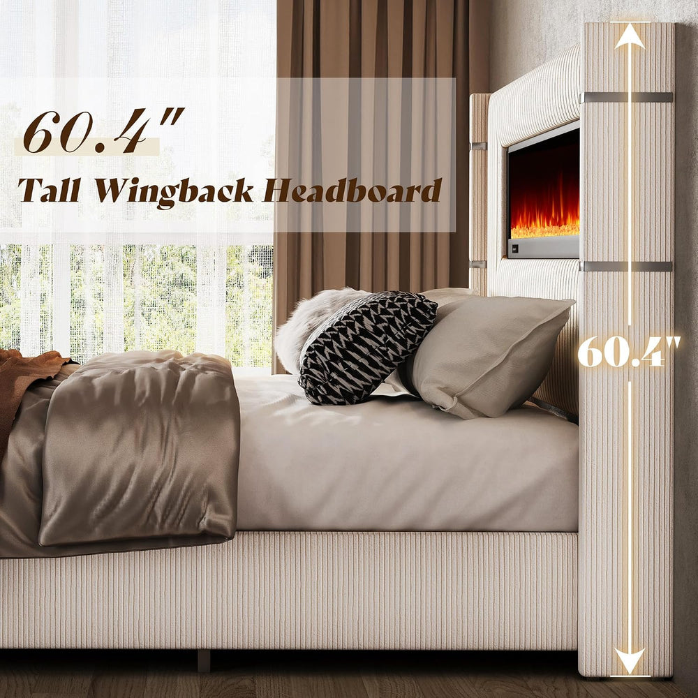 AMERLIFE King Bed Frame with Fireplace, Upholstered Headboard, Cream