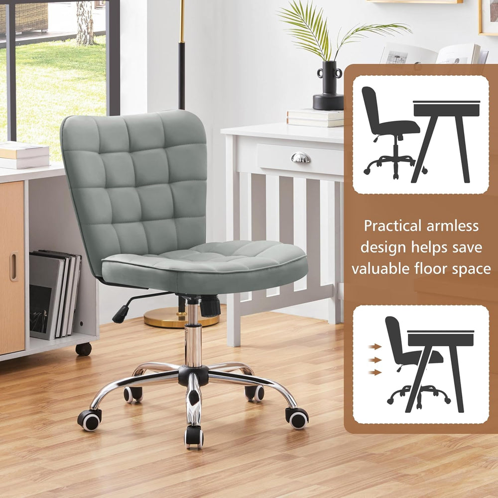 Yaheetech Light Gray Tufted Armless Desk Chair with Wheels, Faux Leather