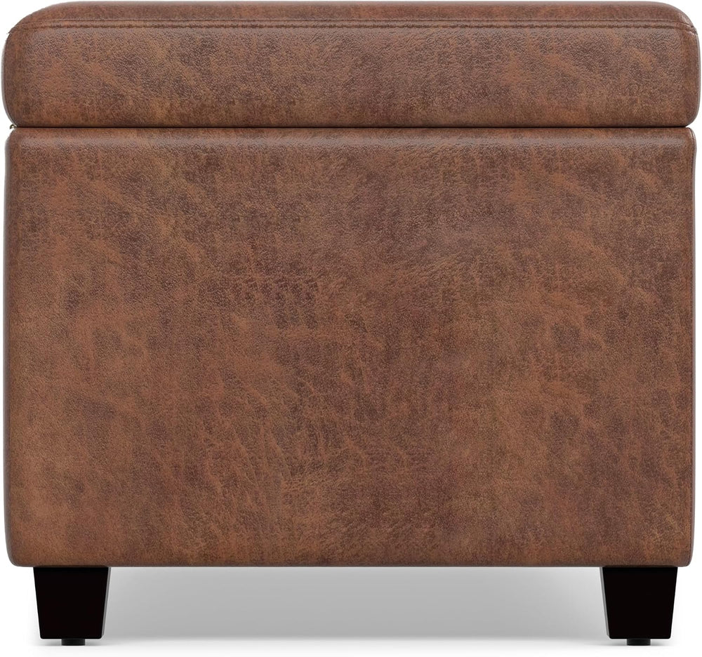 SIMPLIHOME Avalon 48" Wide Vegan Leather Storage Ottoman in Saddle Brown