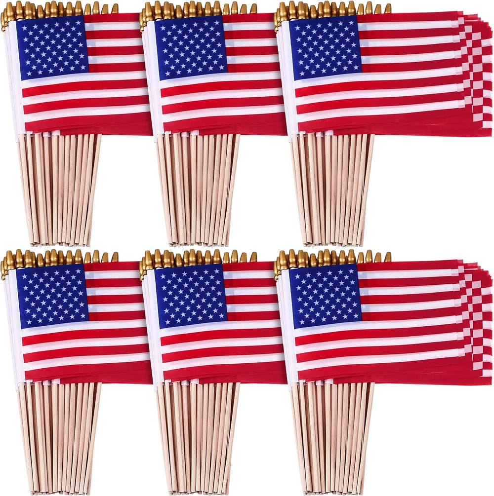Tegeme 100 Pack Bulk Small American Flags on Stick, Wooden Pole Spear Tip