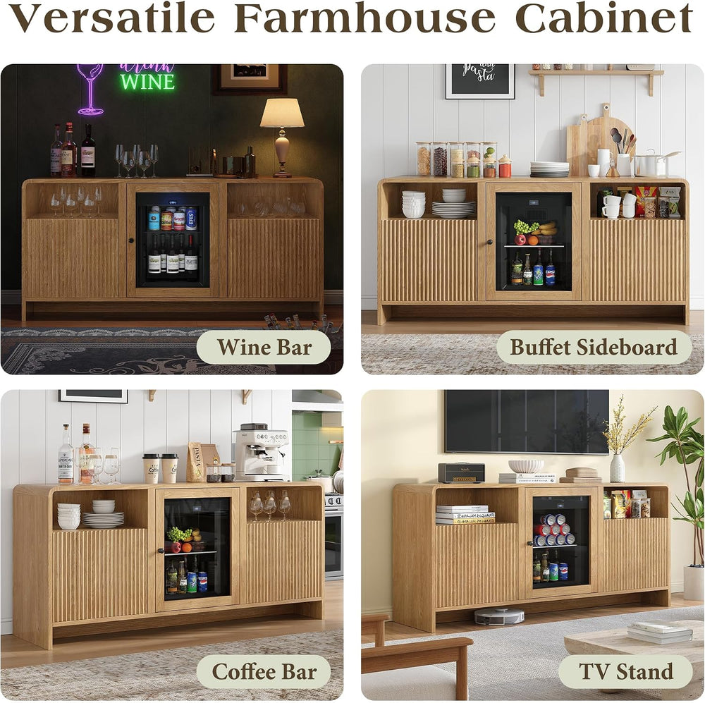 LUXOAK 60" Coffee Bar Cabinet with Beverage Fridge (Included), Oak