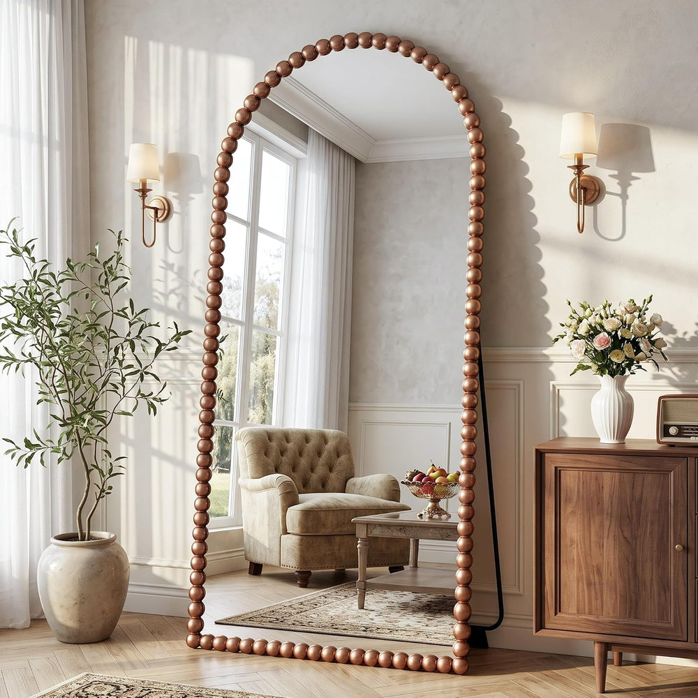 Antok 76" x 34" Arched Full Length Mirror, Antique Beaded Frame Flo...