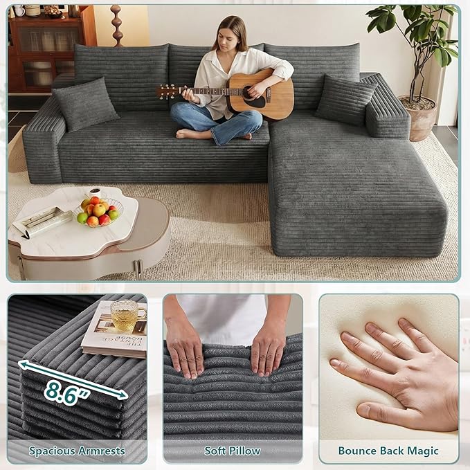 95" Modular Sectional Couch, L Shaped Cloud Sofa with Chaise Lounge, Corduroy Upholstered Couches Memory Foam Deep Seat, No Assembly Required, Ideal for Living Room(Dark Gray, Right Facing)
