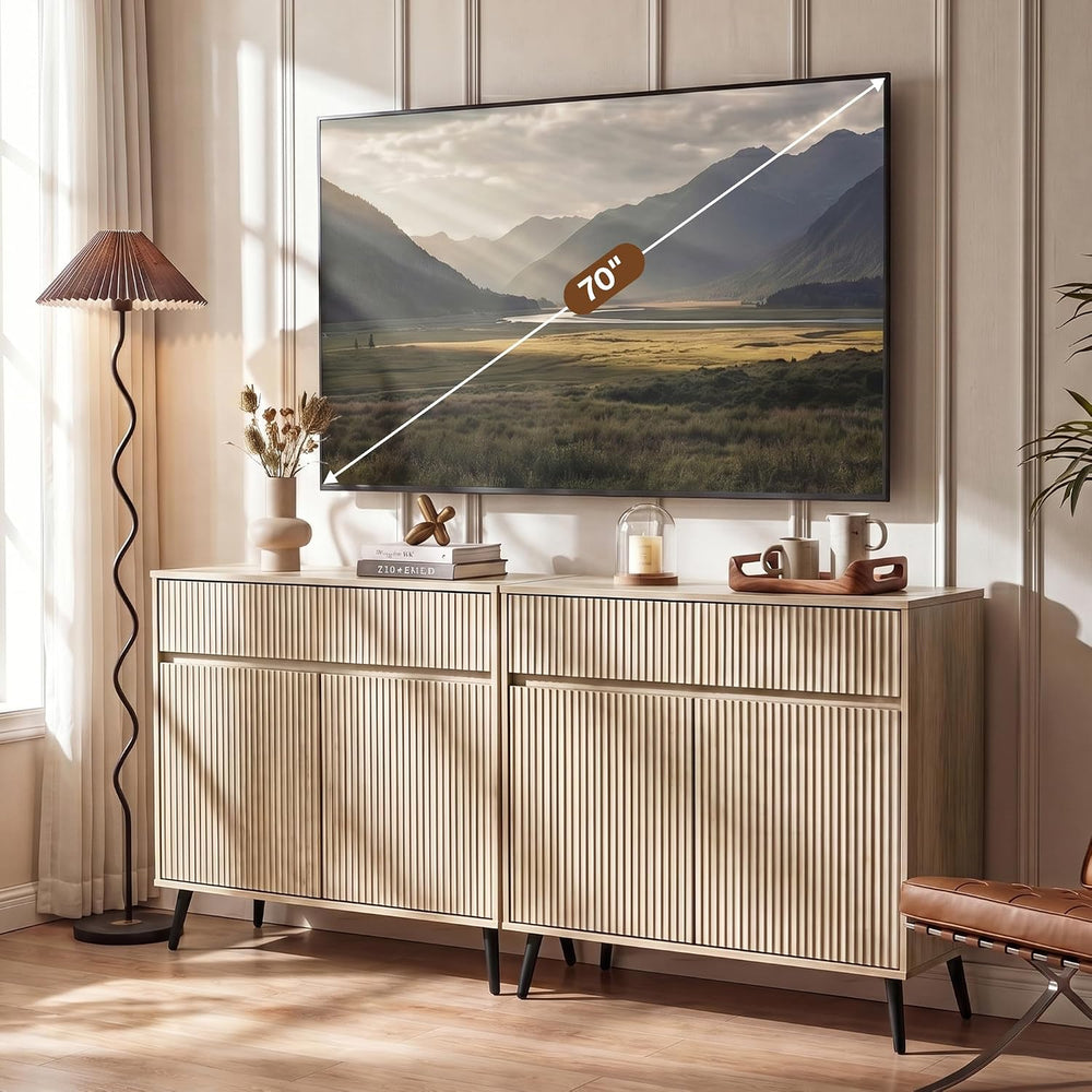 31" Small Fluted Sideboard Buffet Cabinet, Light Oak.