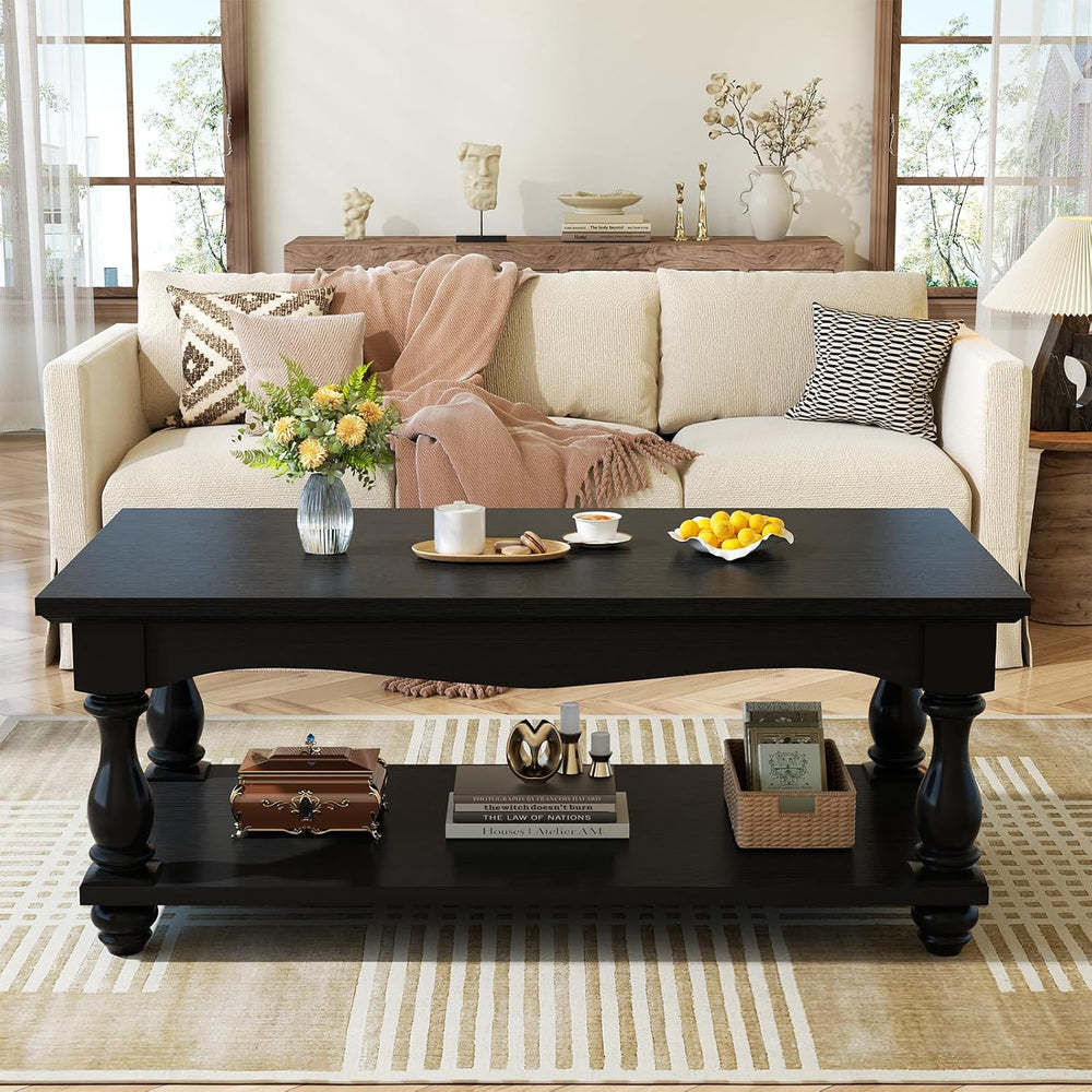 Besiost 47" Farmhouse Coffee Table with 2-Tier Storage, Black