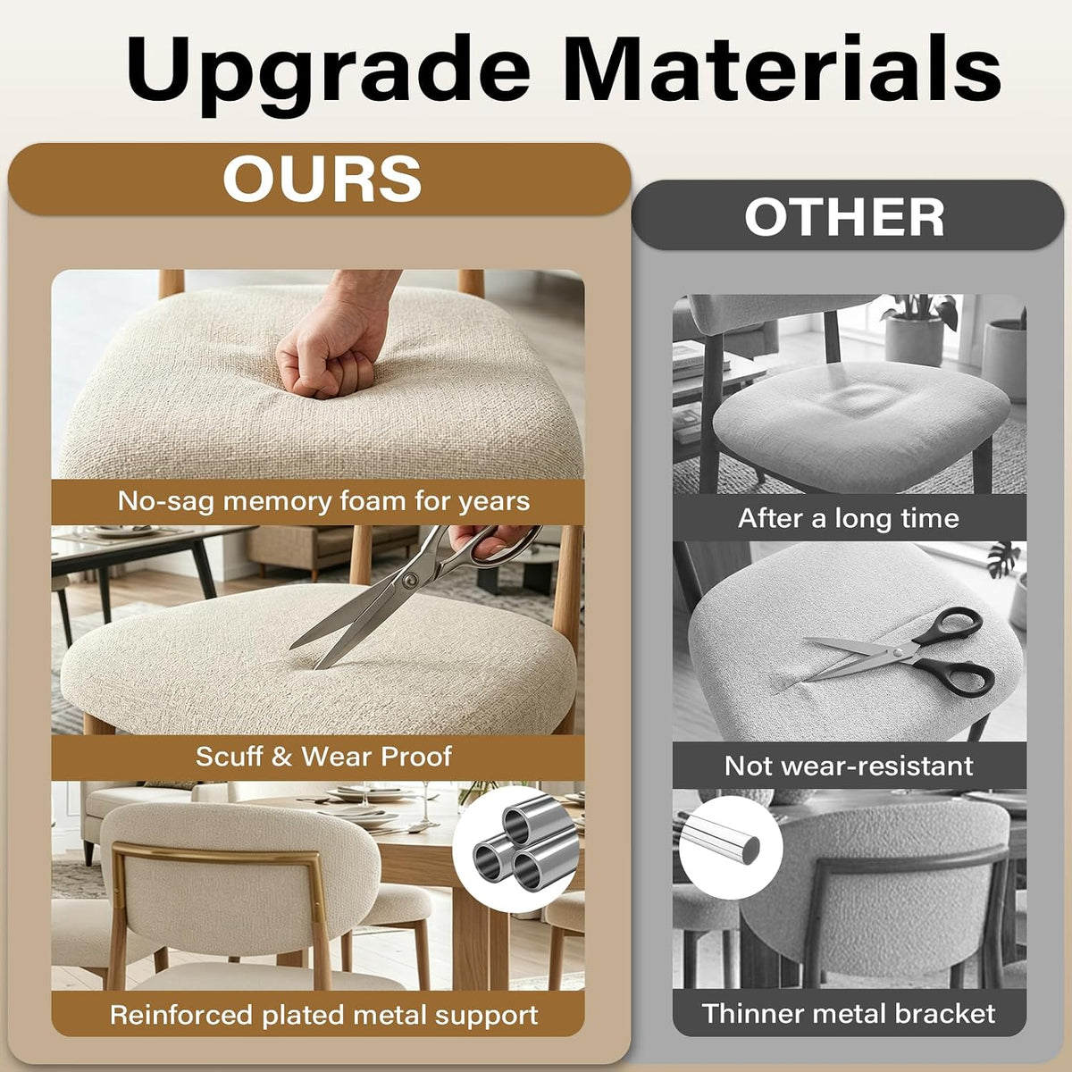 300LBS Dining Chairs Set of 2,Metal Kitchen Chairs,Modern Fabric Upholstered Dining Room Chairs with Ergonomic Curved Backrest for Kitchen Dining Room,Beige
