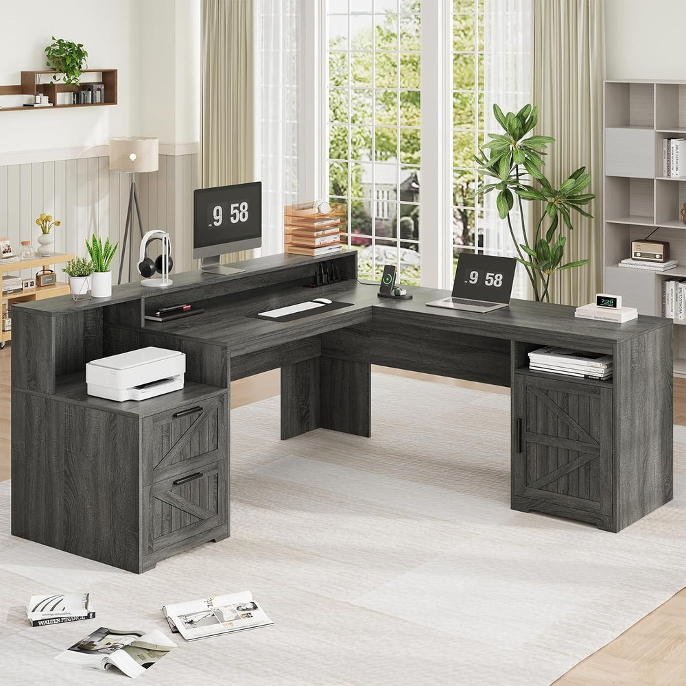 63" Farmhouse L Shaped Desk with Drawers & Printer Shelf for Home Of...