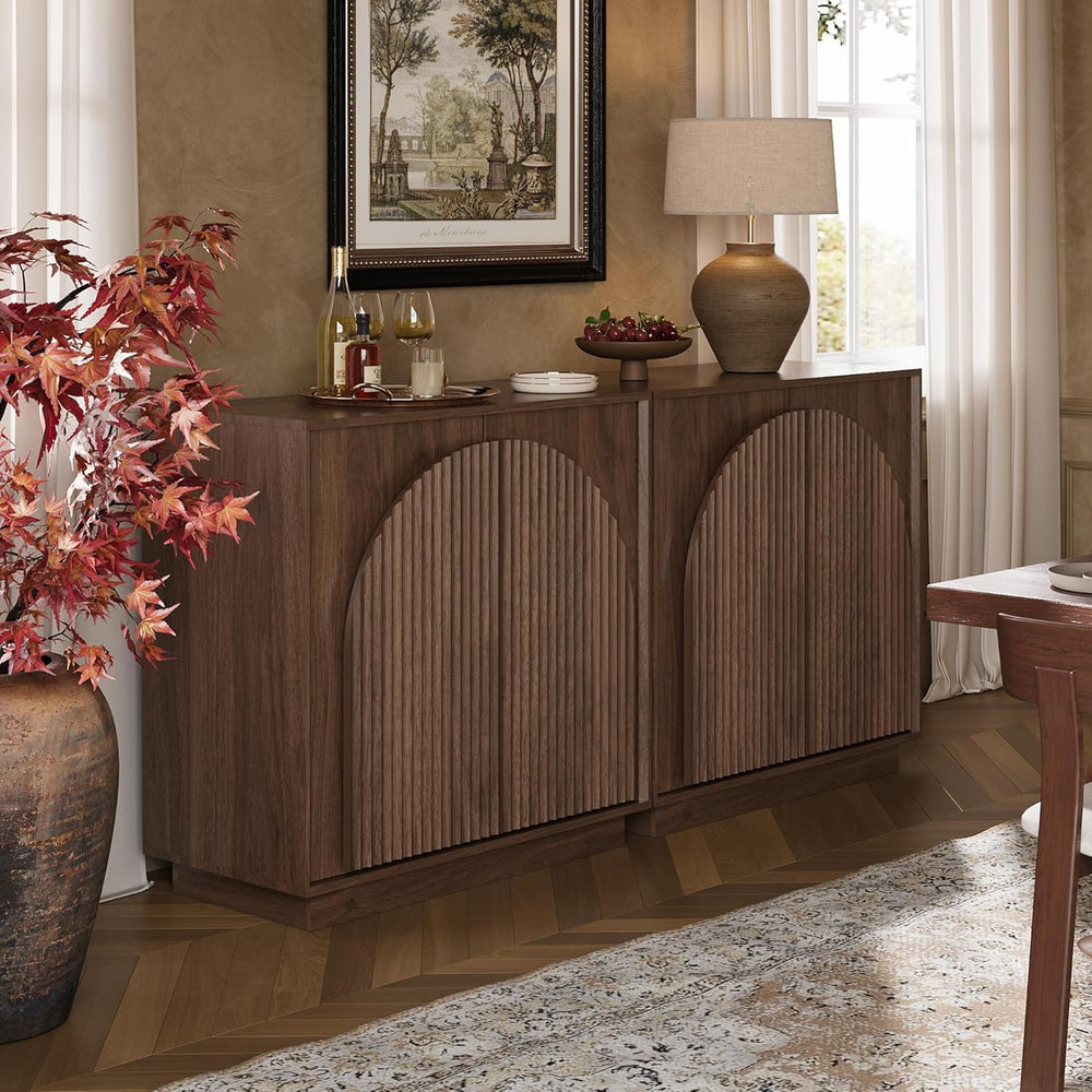 win2win 31.5" Small Buffet Cabinet with Storage, Arched Doors, Walnut, 2PCS