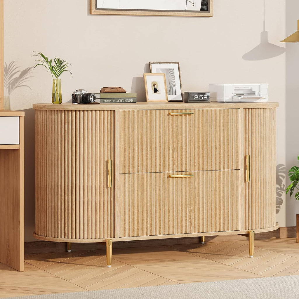 SEDETA Fluted 2 Drawer File Cabinet with 2 Sliding Door for Home Office | 39.4" Filing Cabinet for Home Office,fit Legal/Letter/A4 Siz,Modern File Cabinet with 2 Drawers,Printer Stand,Natural