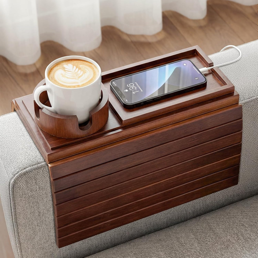 Bamboo Sofa Armrest Tray, Foldable Couch Arm Tray Side Table, 2 in 1 Anti-Fal...