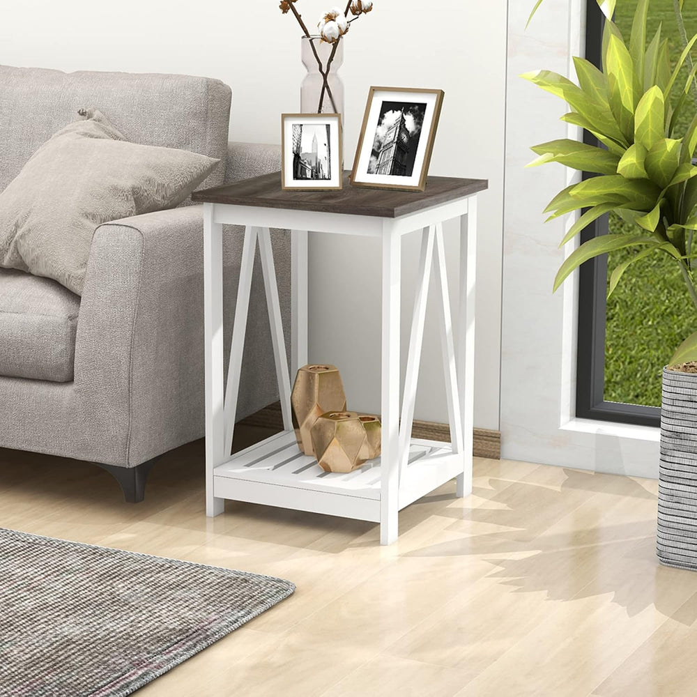 End Table, Farmhouse Square Side Table with Slat Shelf, 15.7" Dark Grey