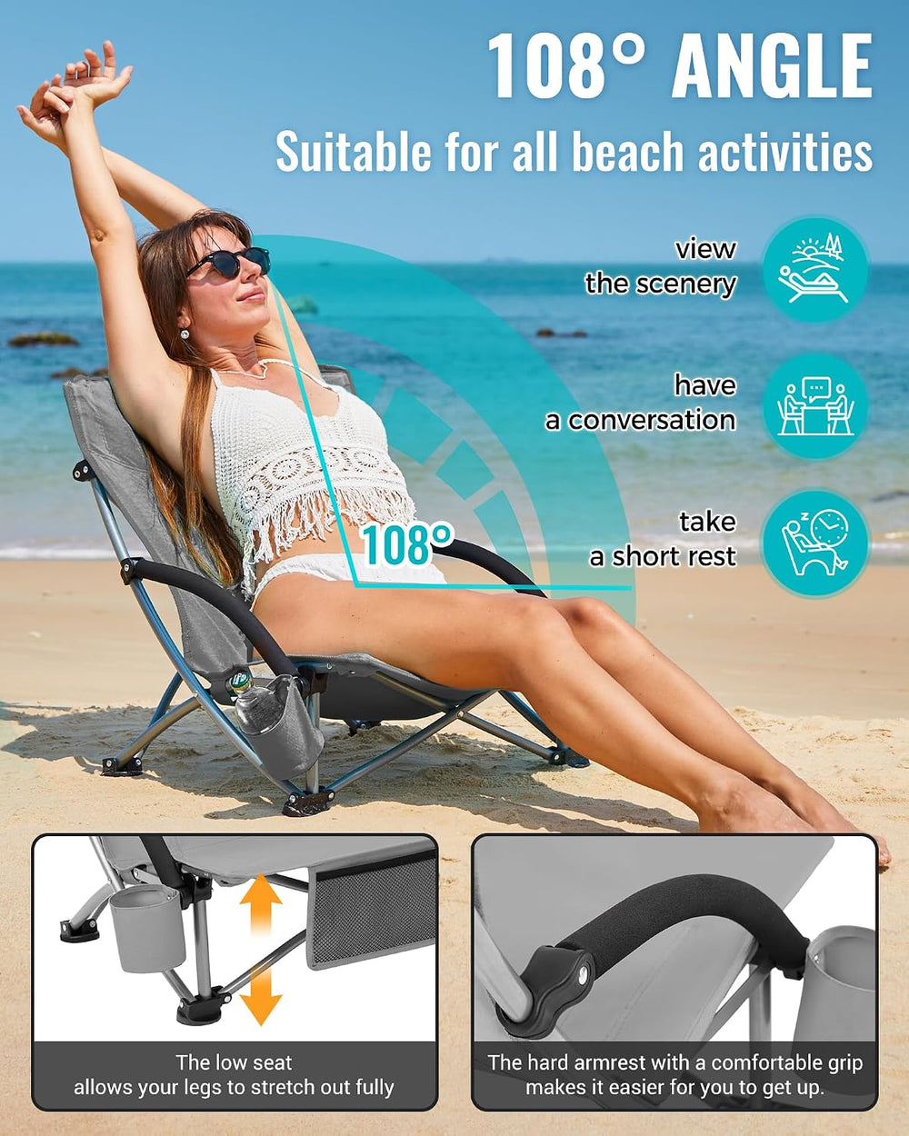 KingCamp High Beach Chairs 2 Pack, Folding Portable Chairs for Adults