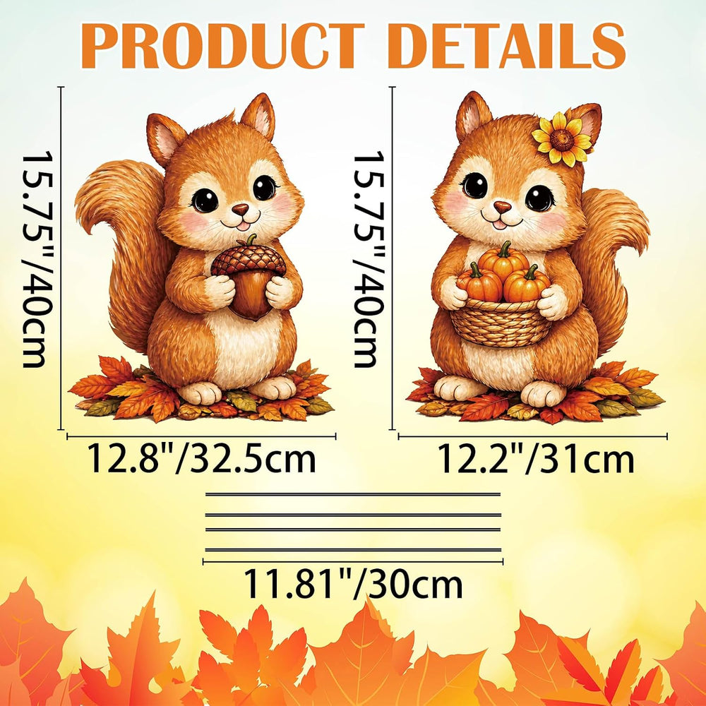 2 Pack Fall Cute Squirrel Garden Stakes Acorn Pumpkin Metal Yard Sign