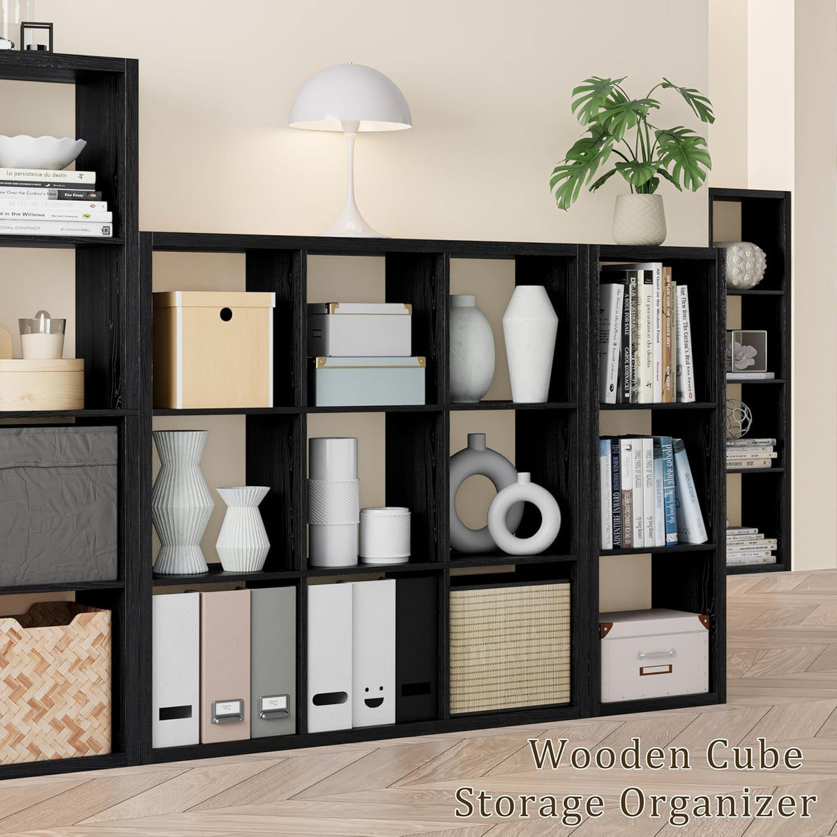 Cube Storage Organizer Bookcase, Decorative 11 inch Open Back Cubical Shelf with Thickened Border, Display Bookshelf for Living Room, Home Office, Sturdy Room (Black, 9 Cube)