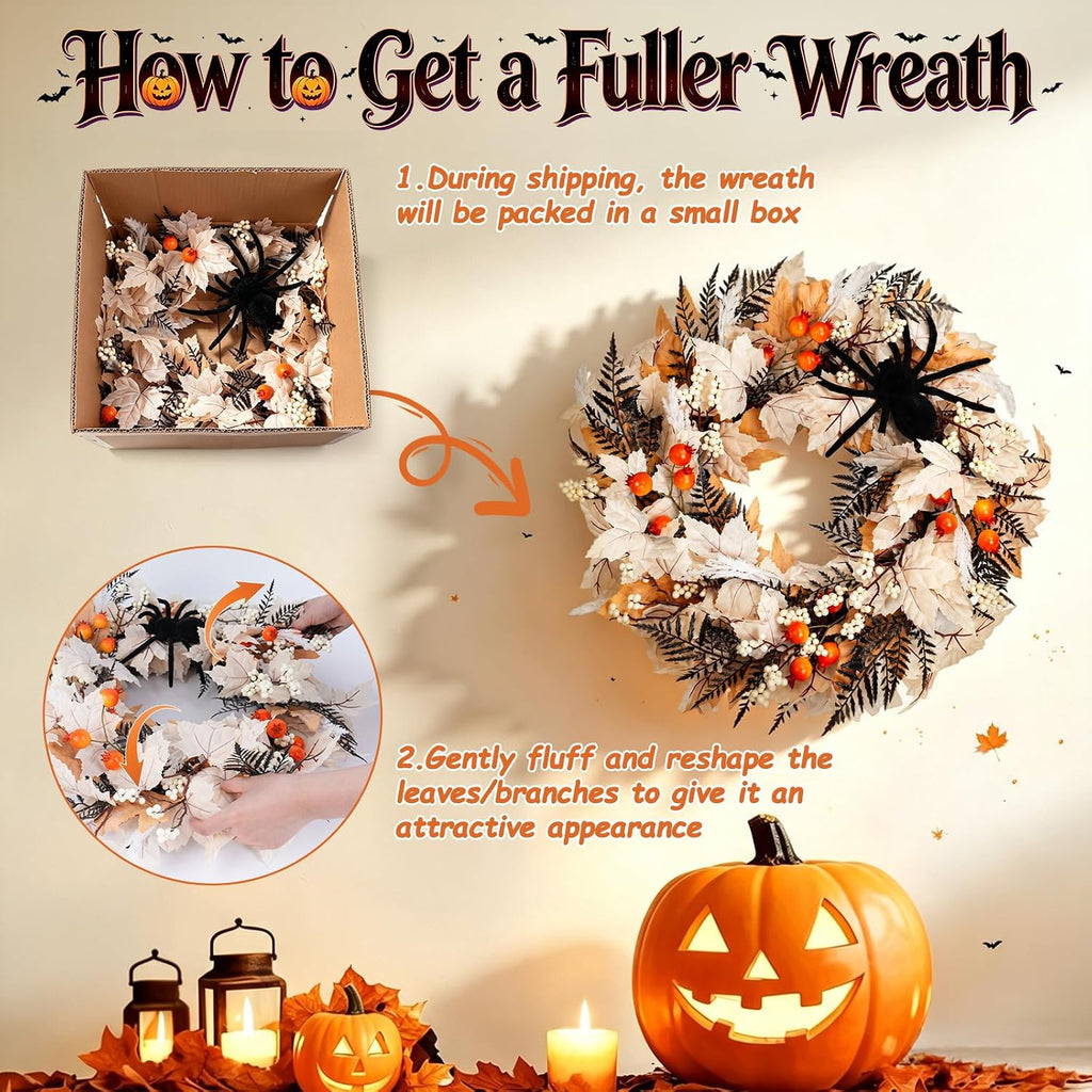 Grooy 24 Inch Halloween Wreath for Front Door with Spider Maple Leaf