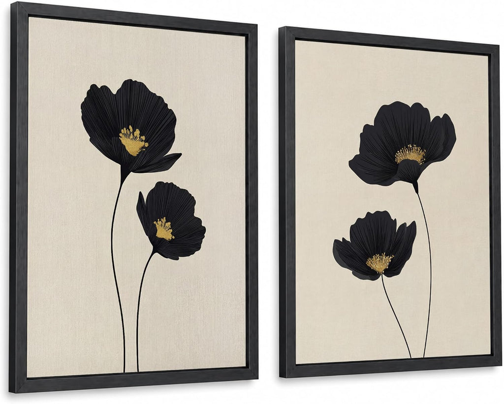 Minimalist Black Gold Flower Bathroom Wall Art Poppy Botanical Art Print