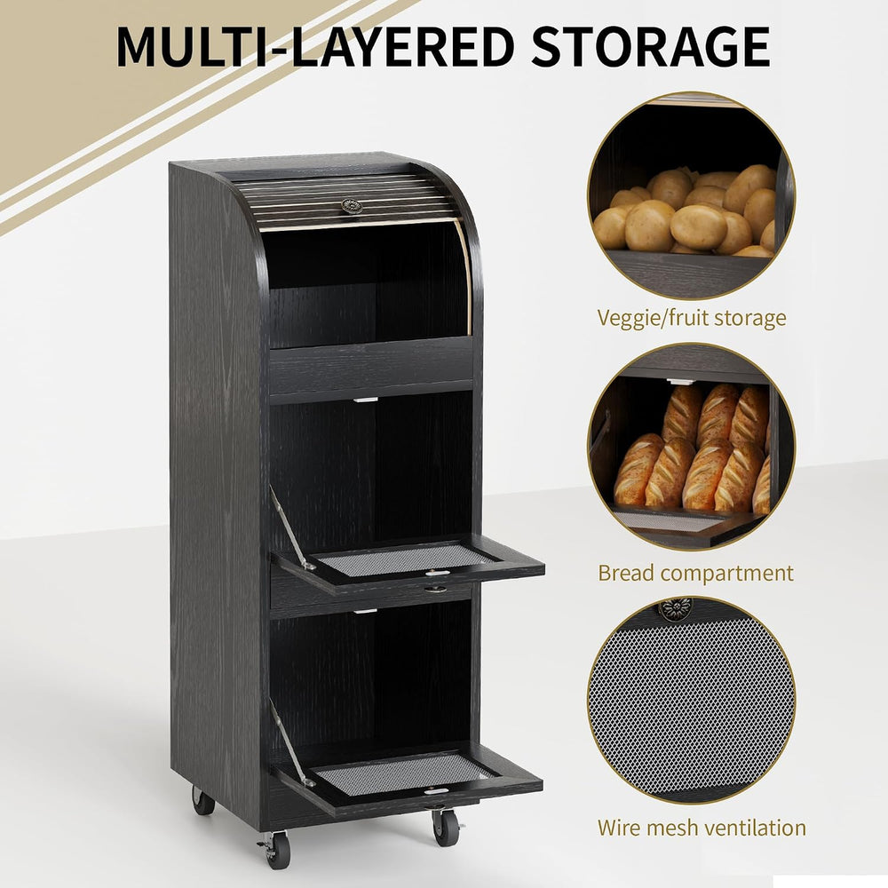Potato & Onion Storage Bin with Wheels & Mesh Doors,3-Tier Bread Box,...