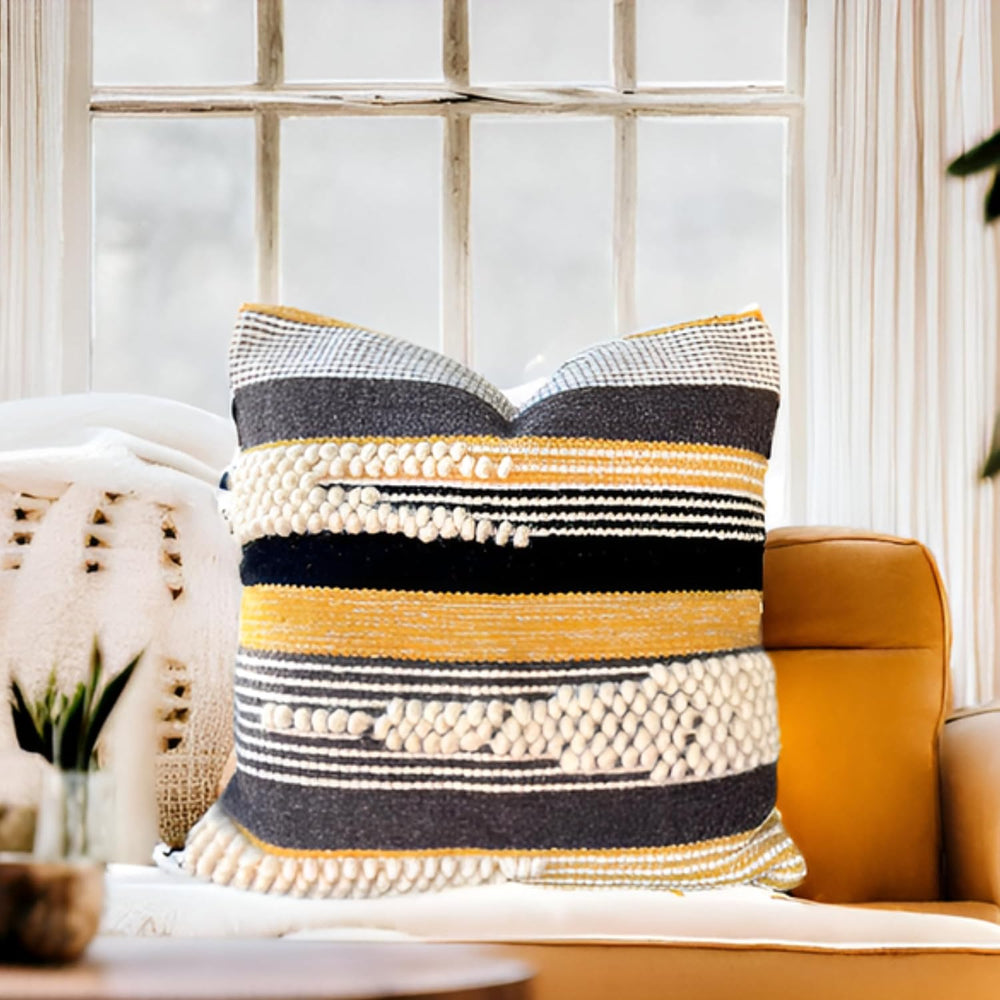 Boho Pillow Cover 18x18 Textured Throw Pillow Cover Black/Yellow Handwoven Tu...