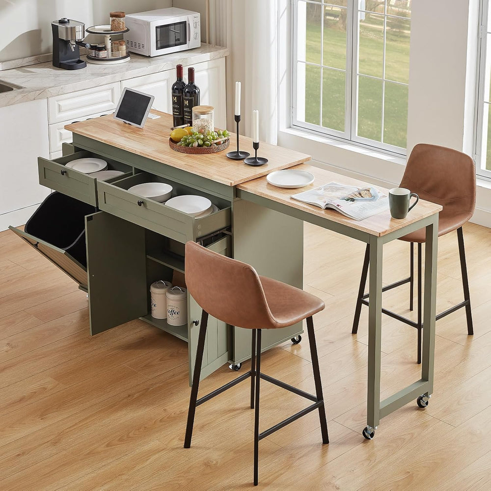 Kitchen Islands with Extendable Dining Table, Mobile Storage Islands, Green
