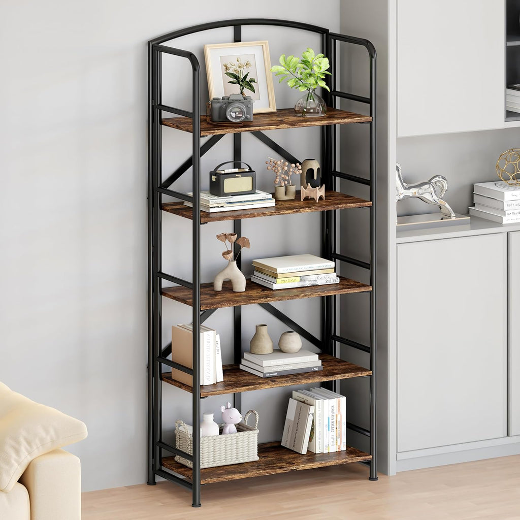 no assembly,folding bookshelf 5 tiers, vintage storage rack,rustic, side view