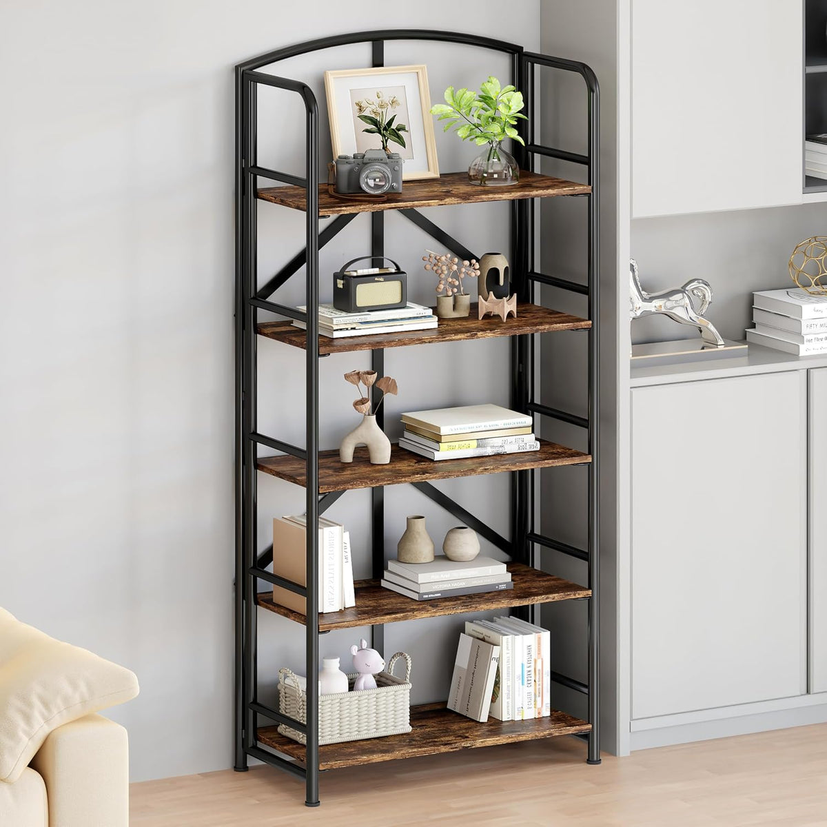 no assembly,folding bookshelf 5 tiers, vintage storage rack,rustic, side view