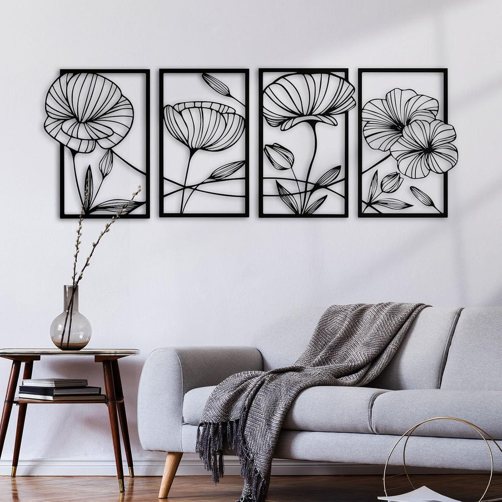 ESTART 4Pcs Metal Lotus Wall Decor Abstract Floral Line Art Sculpture