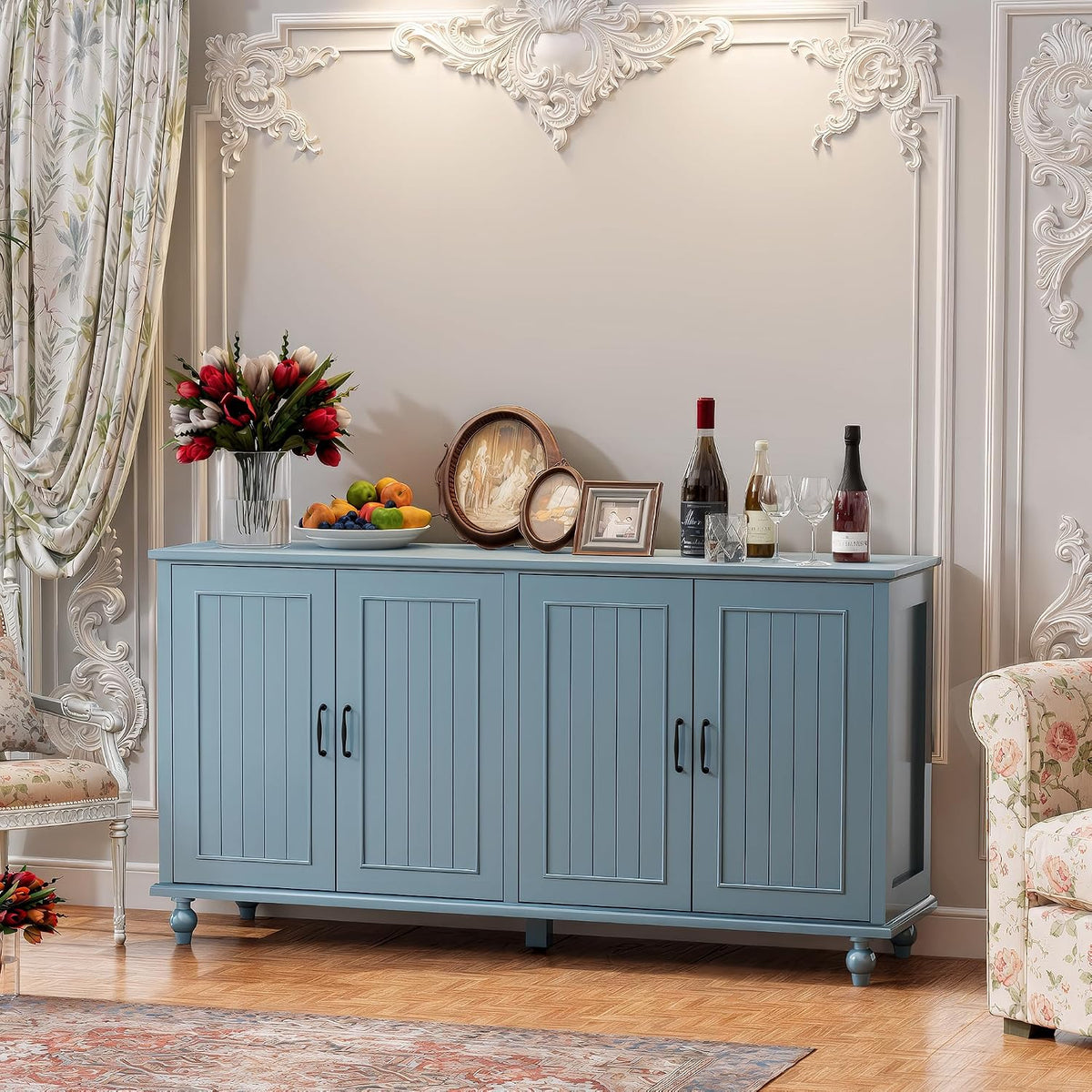 Sideboard Buffet Cabinet with 4 Doors, Vintage Coffee Bar Station, Blue