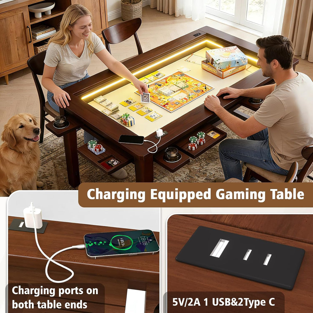 Solid Wood Board Game Table with Colorful Led Lights, Dining/Gaming Table