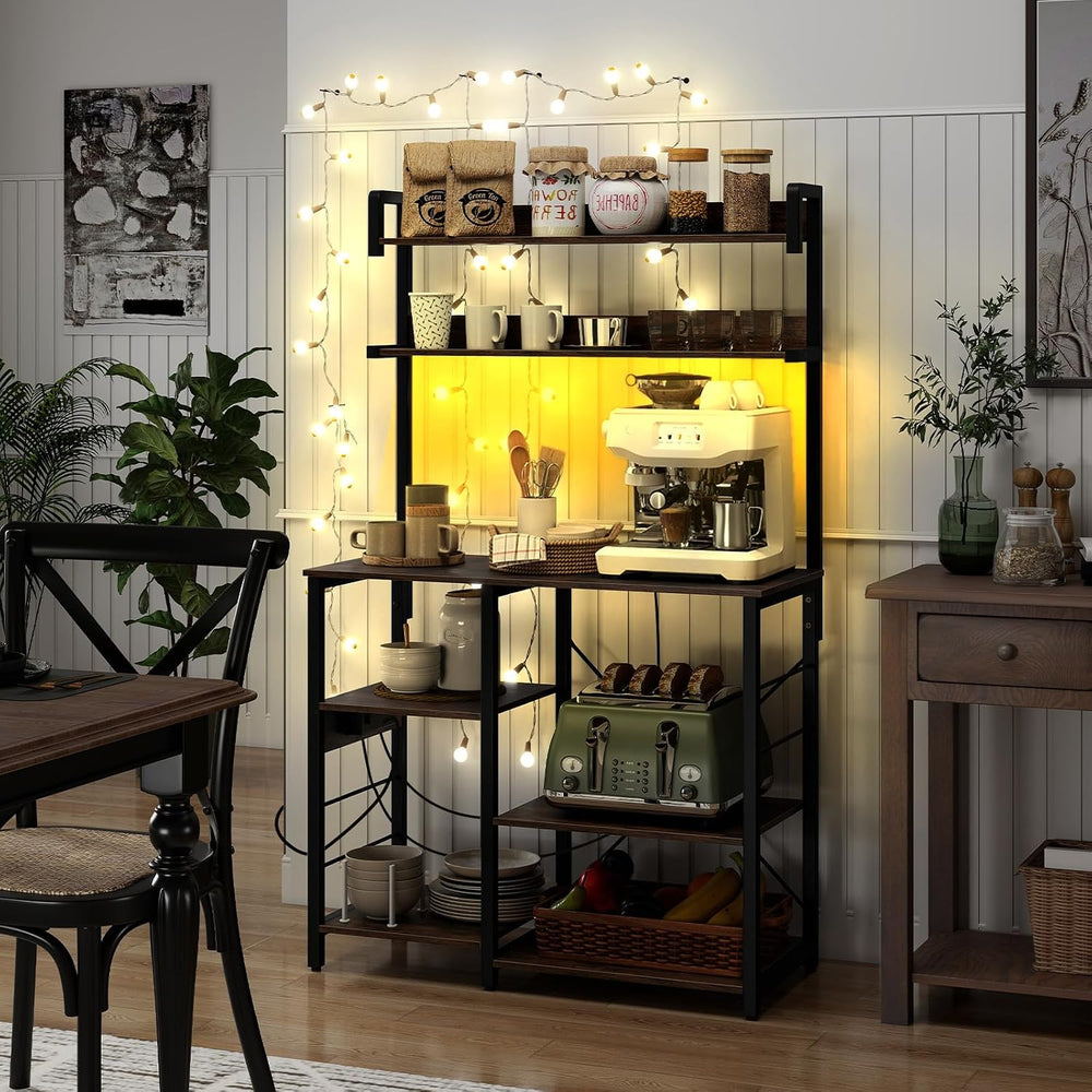 GIANTEX Bakers Rack with Power Outlet and LED Lights, 7-Tier Microwave Stand ...