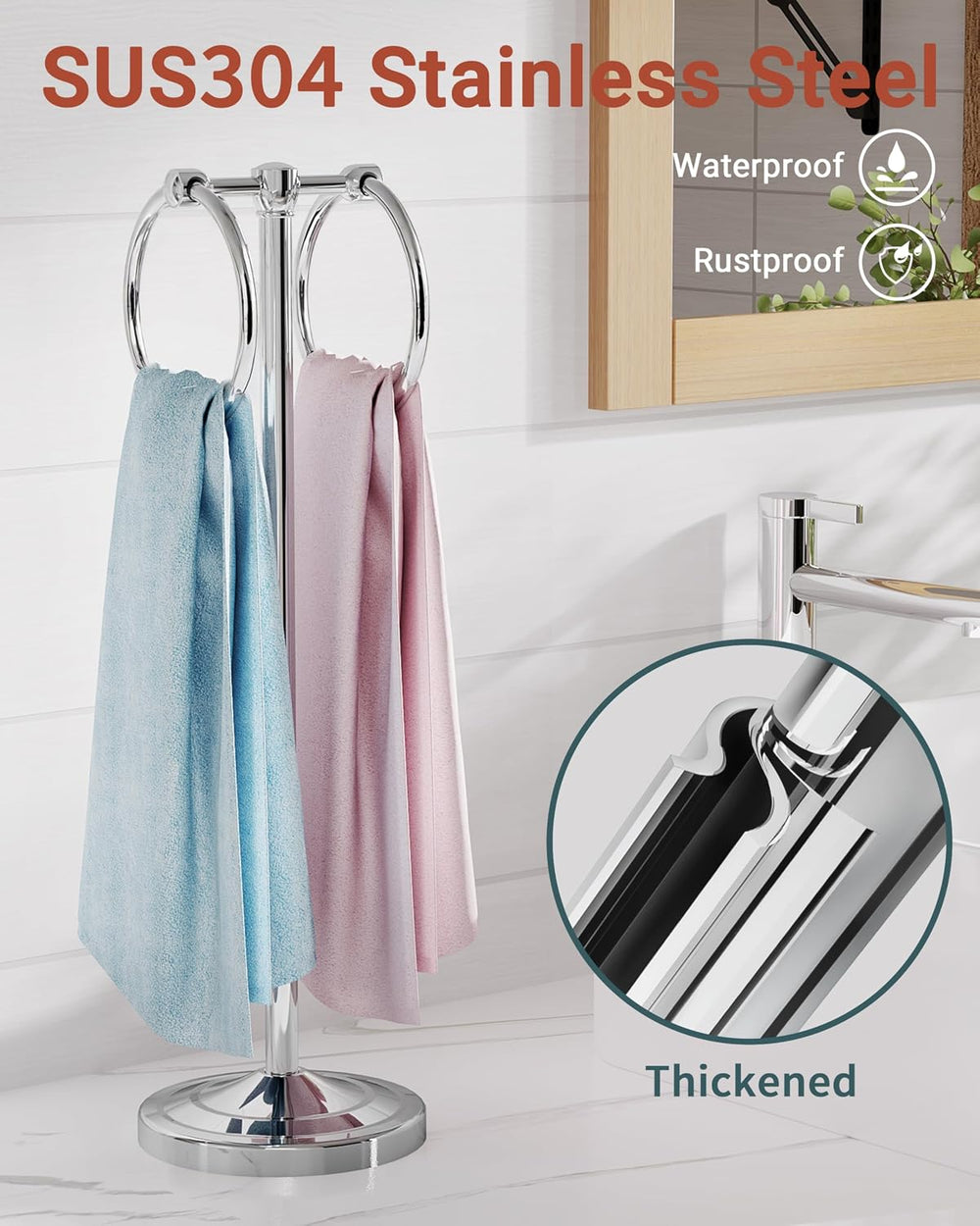 Chrome 18" Hand Towel Holder Stand with Double Ring, Weighted Base