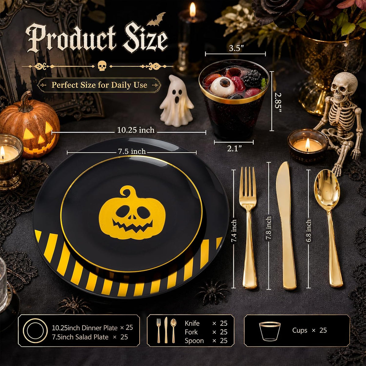 KIRE 25 Guest Halloween Plates Black Gold Plastic Plates Smiley Pumpkin include 50PCS Black &150PCS Gold Plastic Silverware&25PCS Clear Black Cups for Halloween Party