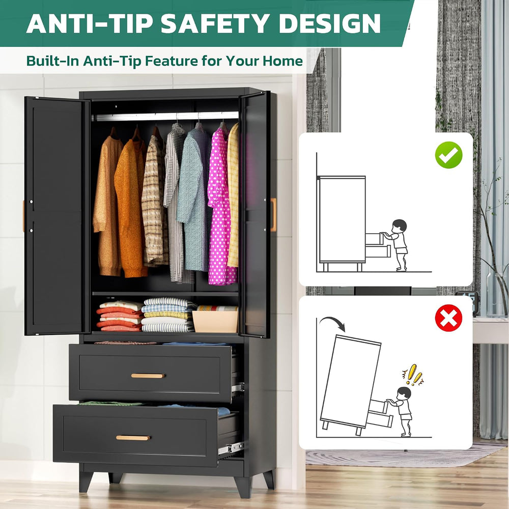 Greenvelly Metal Armoire Wardrobe Closet with 2 Drawers, 18" Deep Metal ...