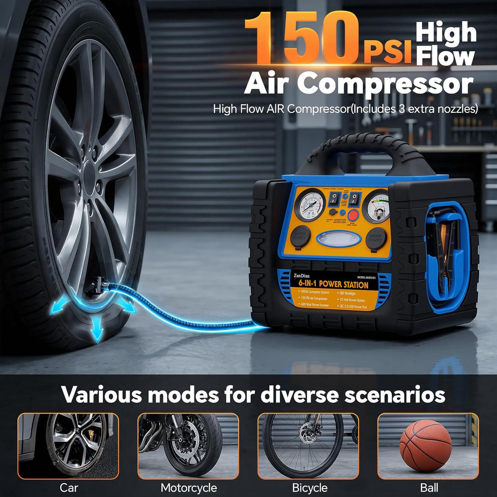 Car Jump Starter with Air Compressor, 1800A Battery Booster Pack for Up to 8....