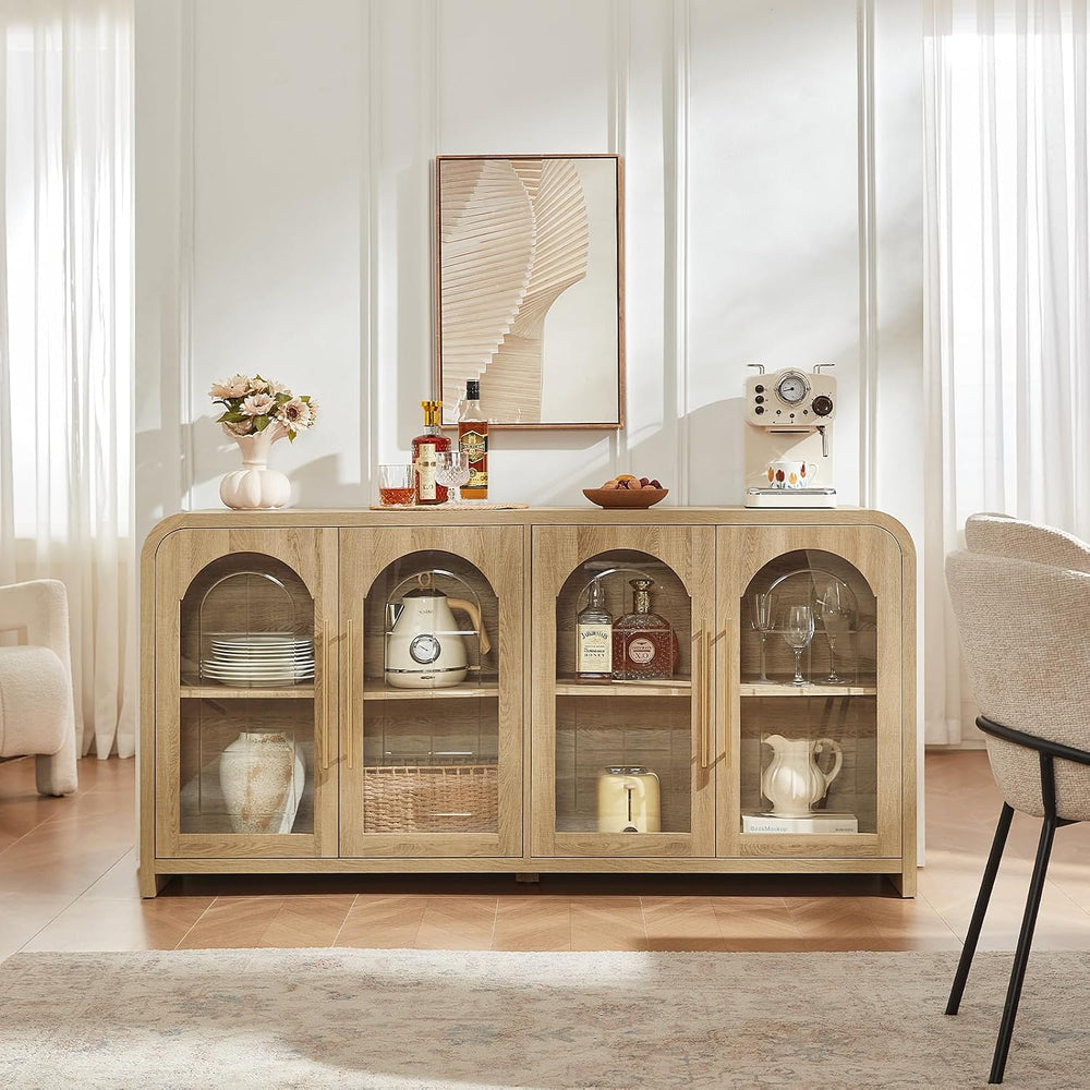 65" Sideboard Buffet Cabinet with Arched Glass Doors, Natural