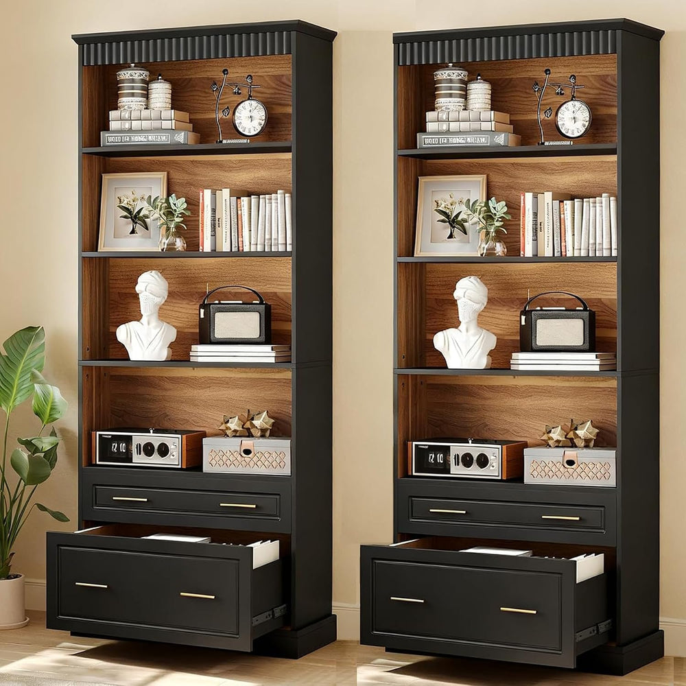 LITTLE TREE 72" Tall Black Bookcase, 5-Tier Office Bookself with File Ca...