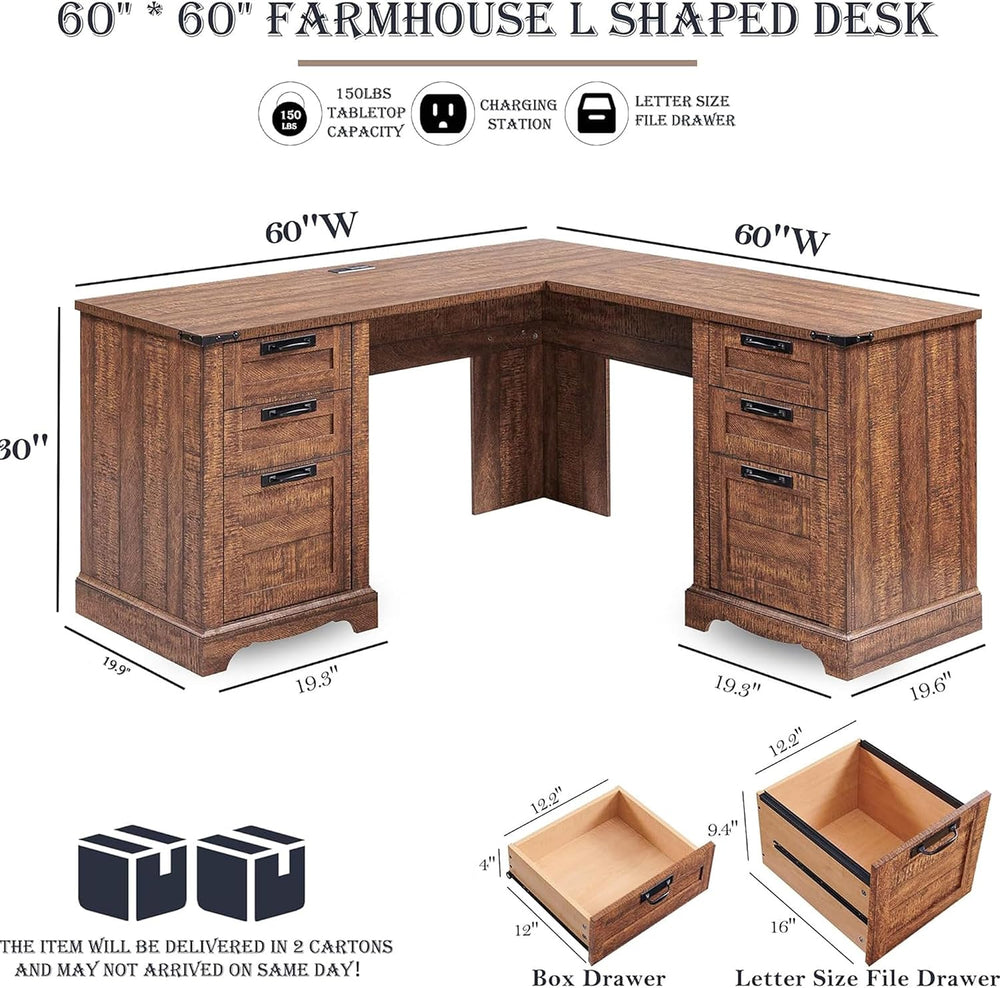 RedLemon 60" Farmhouse L Shaped Executive Desk, Reclaimed Barnwood