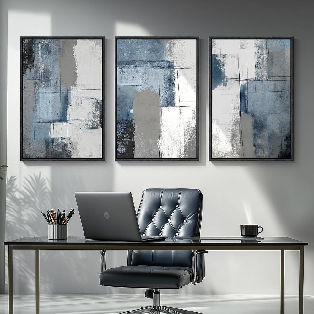 Large Framed Blue and Gray Abstract Wall Art for Living Room, 3 Piece 24x36