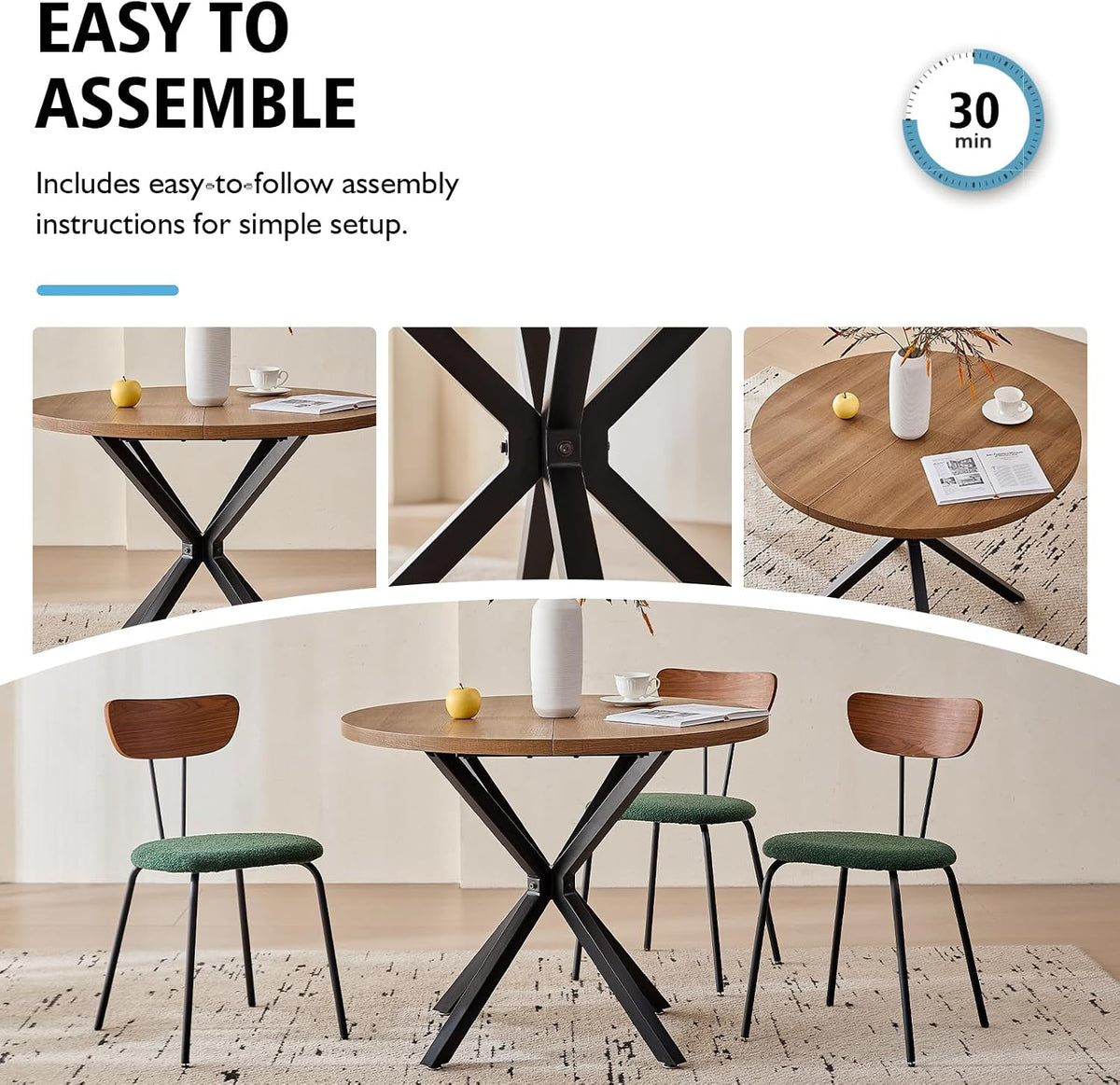39" Brown Round Dining Table Set for 4 Green Chair
