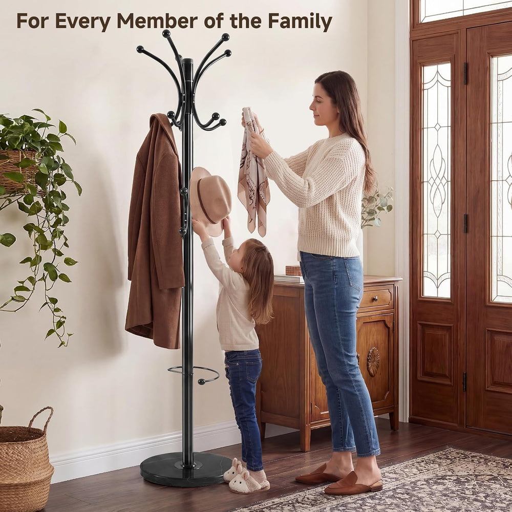 Marble Base Coat Rack Freestanding, 360° Rotary 16 Hooks Black
