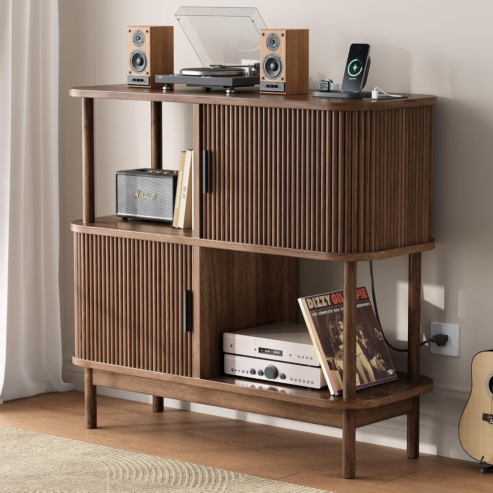 40" Large Record Player Stand with Charging Station, Mid Century Modern ...