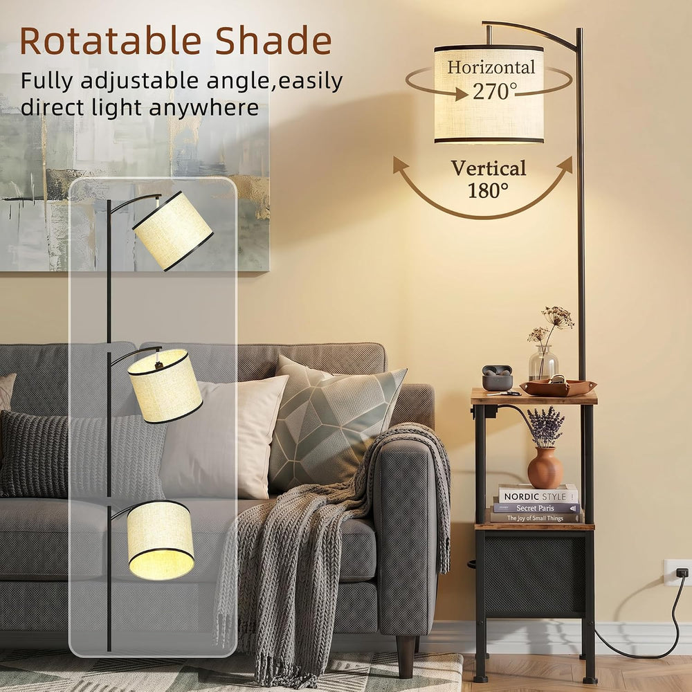 Floor Lamp with Table Set of 2, Fabric Drawer, Rustic Brown, 15" W