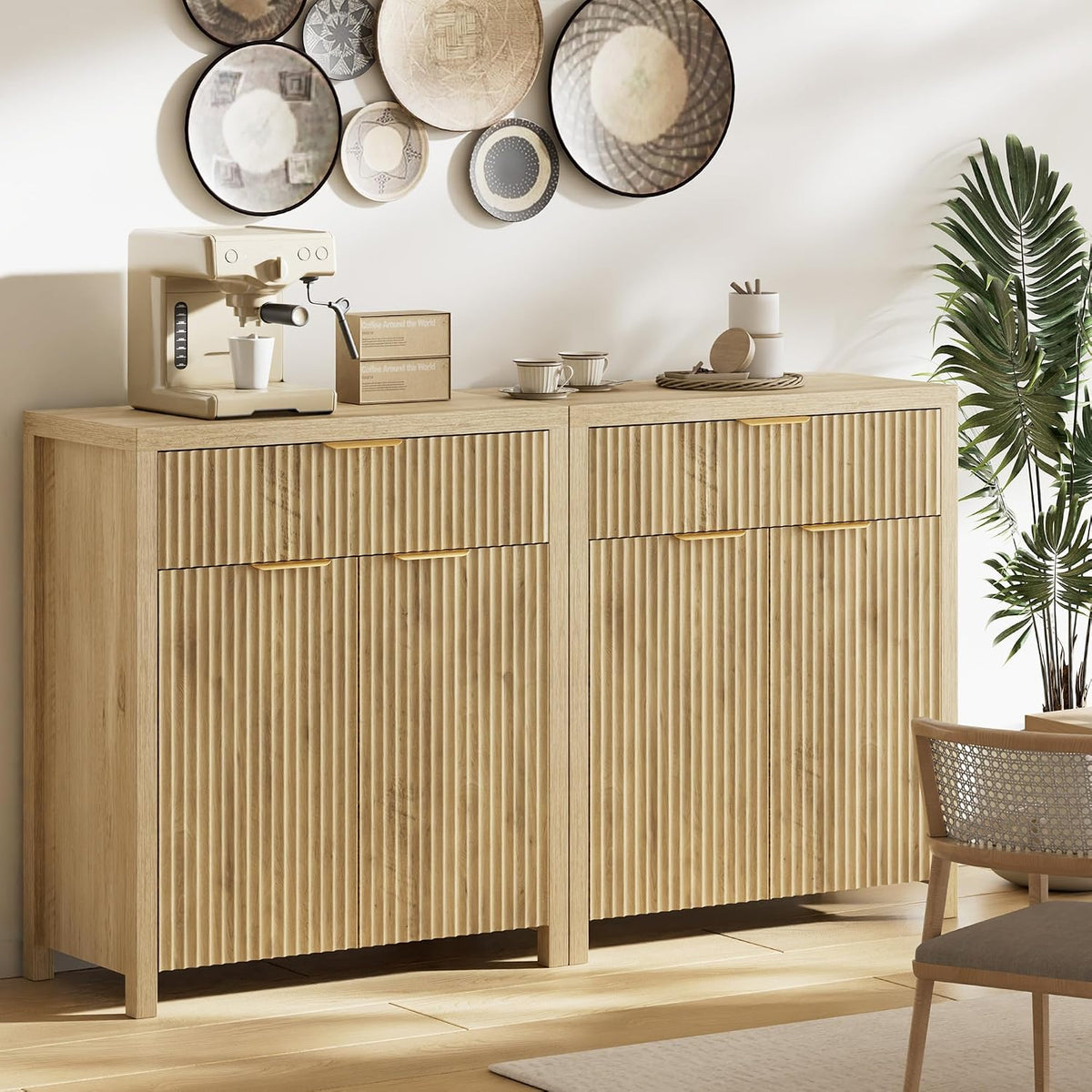 Lulive Fluted Buffet Cabinet for Kitchen, 28.3" Sideboard Cabinet Natural
